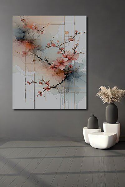 Teona Ahşap Japon Kiraz Çiçeği Sulu Boya Görünümlü Ahşap Dekoratif Dikdörtgen...