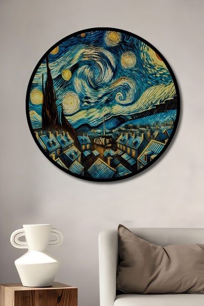 Teona Ahşap Van Gogh Yıldızlı Gece Ahşap Dekoratif Yuvarlak Salon/Ofis/Ev Çer...