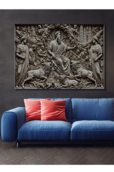 Teona Ahşap Aslanlı Tanrısal Rölyef Ahşap Görünümlü Dekoratif Dikdörtgen Salo...