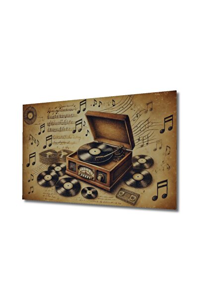 Teona Ahşap Nostaljik Plak Çalar ve Nota Kara Kalem Görünümlü Ahşap Dekoratif Dikdörtgen Salon/Ofis/Ev Tablo