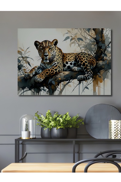 Teona Ahşap Ağaç Dalında Yatan Leopar Yağlı Boya Görünümlü Ahşap Dekoratif Di...
