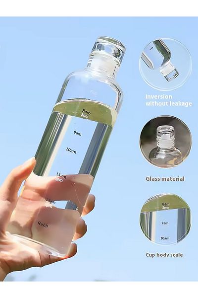 MUKKO HOME 550 ml Borosilicate Glass Water Bottle – with Time Scale, Leak-Proof Lid, 6 Color Options