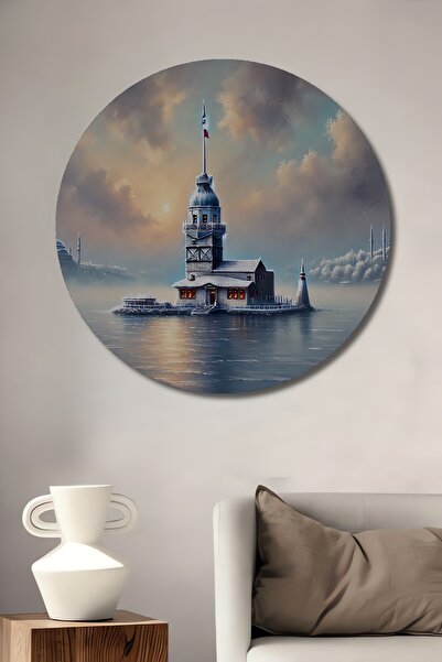 Teona Ahşap İstanbul Kız Kulesi Yağlı Boya Görünümlü Sanat Dekoratif Yuvarlak...