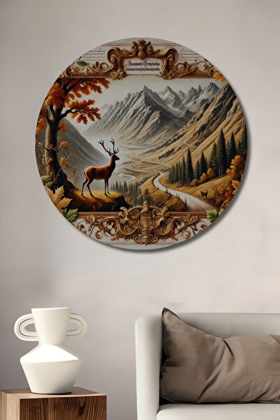 Teona Ahşap Yağlı Boya Görünümlü Geyikli Dağ Manzarası Ahşap Dekoratif Yuvarl...