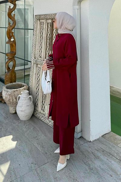 lamelif Pearl Detailed Hijab - Δυοτεμάχιο Σετ Claret Red