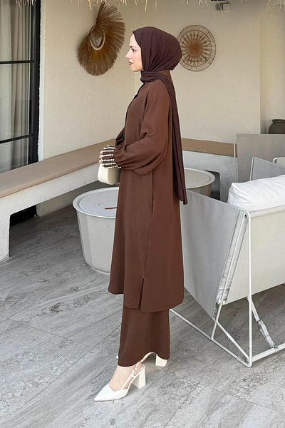 lamelif Pearl Detailed Hijab Διπλό Σετ Καφέ