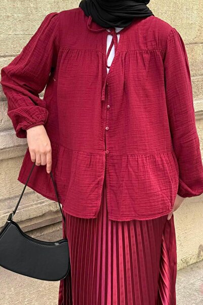 lamelif Μουσουλμανικό πουκάμισο Hijab με λαιμόκοψη V και ελαστικό μπορντό