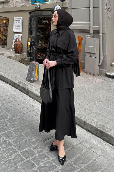 lamelif Μαύρο μπροστινό κάλυμμα Pocket Stimulus Silversteel Double Hijab κοστούμι
