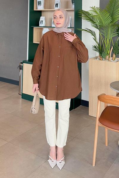 lamelif Lena Oversize Καφέ Πουκάμισο