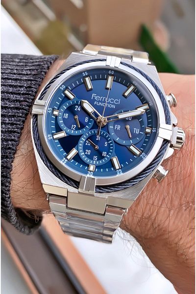 Ferrucci Brand Silver Color Steel Cord Inner Functions Active Steel Men's Wristwatch - with Bracelet Gift