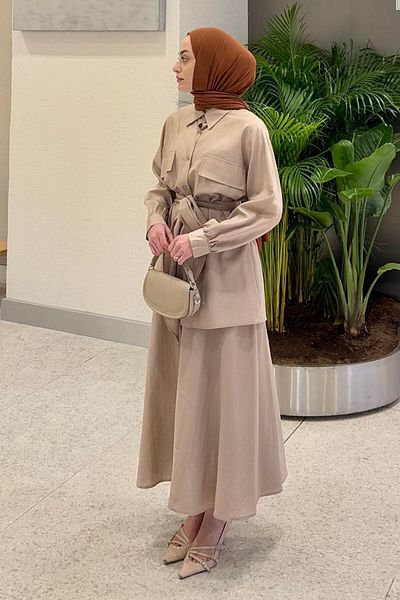 lamelif Front Cover Pocket Detailed Shirt and Skirt Double Hijab Suit Stone