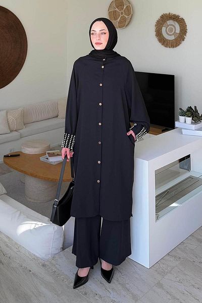 lamelif Black Pearl Detailed Hijab Double Set