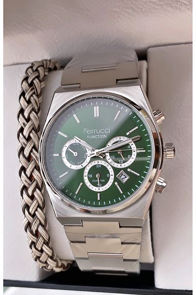 Ferrucci Brand Silver Color Steel Cord Inner Functions Active Steel Men's Wristwatch - with Bracelet Gift