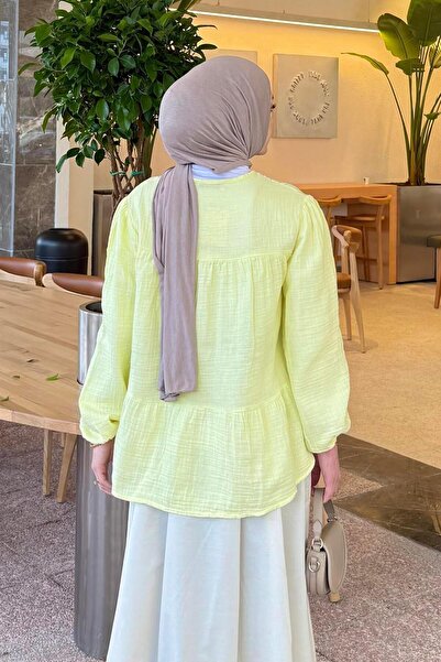 lamelif V-Neck Sleeves Padded Customer's Hijab Inside Yellow Soft Shirt
