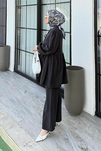 lamelif Anthracite Waist Gathered Balloon Sleeve Set