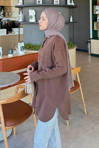 lamelif Καφέ πουκάμισο Hijab με μονή τσέπη