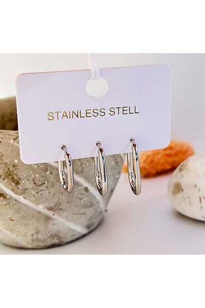 KOALA COMPANY Steel Silver Color 3 Size Oval Earrings Unstable Allergy Free