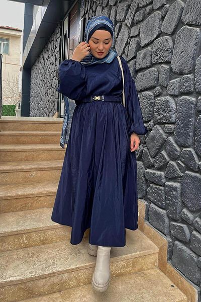 lamelif Balloon Sleeve Blouse-Skirt Double Hijab Suit Navy Blue