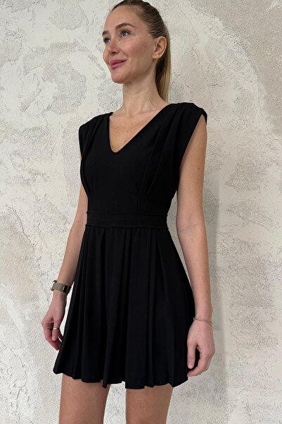 5in1Canpolat Black Pleated Shorts Dress