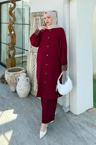 lamelif Pearl Detailed Hijab - Δυοτεμάχιο Σετ Claret Red