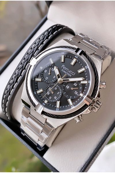 Ferrucci Brand Silver Color Steel Cord Inner Functions Active Steel Men's Wristwatch - with Bracelet Gift
