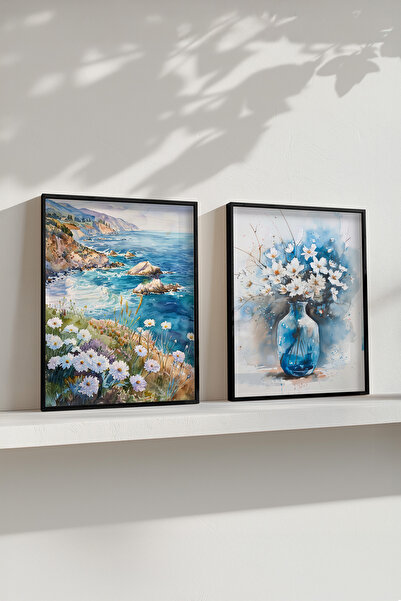 STARYUNA Efekat akvarela, pejzaž sa tratinčicama, crni drveni okvir, set od 2...