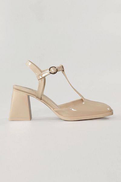 Lio Shoes Pantofi cu toc din piele lacuita bej pentru femei, cu talpa TPU cu varf patrat KBEJR106