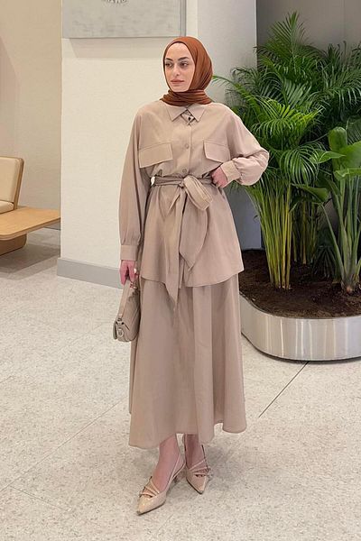 lamelif Front Cover Pocket Detailed Shirt and Skirt Double Hijab Suit Stone