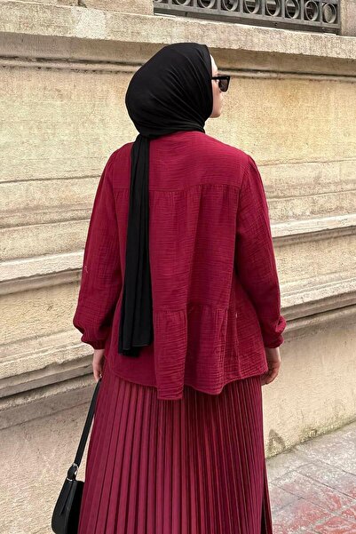 lamelif Μουσουλμανικό πουκάμισο Hijab με λαιμόκοψη V και ελαστικό μπορντό