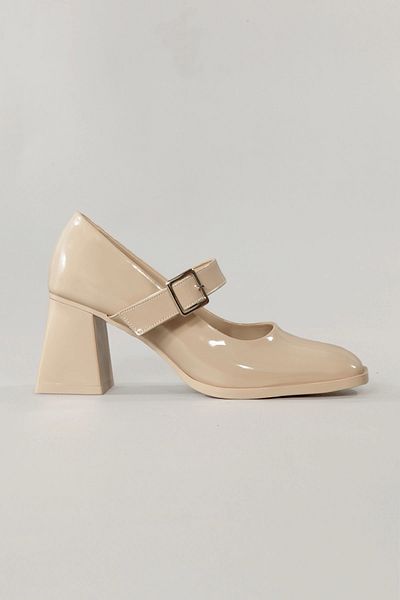 Lio Shoes Pantofi cu toc din piele lacuita bej pentru femei, cu catarama cu varf patrat, talpa TPU KBEJRB100