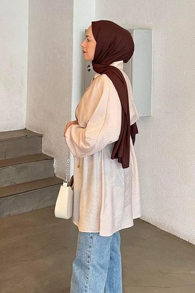 lamelif Cămașă Hijab cu mâneci adunate și talie elastică