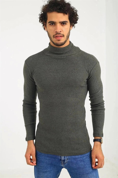 velmorafashion Velmora Ribbed Knit High Neck Full Stretch Fabric Corded Fabric Body Sweater - Khaki -