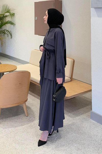 lamelif Front Cover Pocket Detailed Shirt and Skirt Double Hijab Suit Anthracite