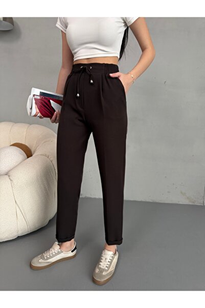 alanora Pantaloni de damă cu talie înaltă, elastic și cu șireturi, din țesătu...