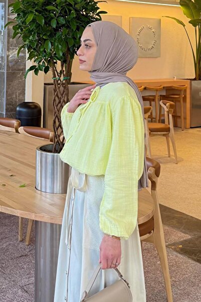 lamelif V-Neck Sleeves Padded Customer's Hijab Inside Yellow Soft Shirt