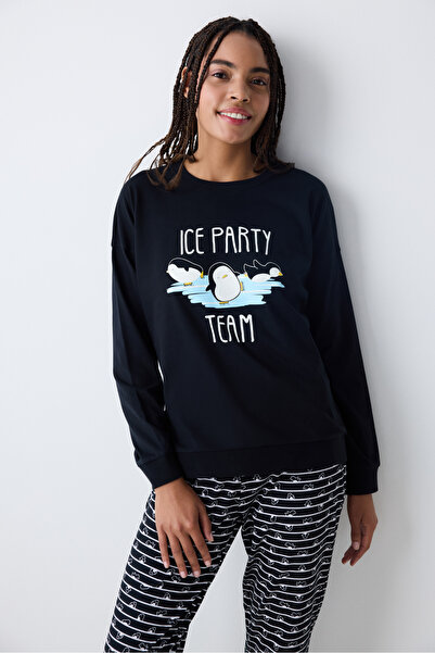 Penti Ice Party Siyah Pantolon Pijama Takımı