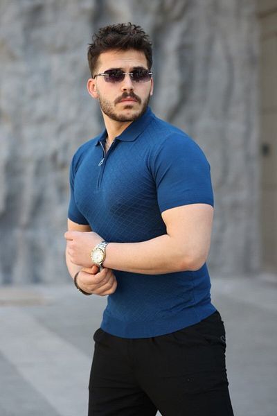 modaserdem Men's Viscose Fabric Polo Neck Patterned T-Shirt