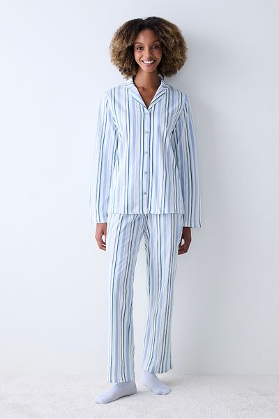 Penti Cotton Mixed Stripes Light Gray Shirt Pants Pajamas Set