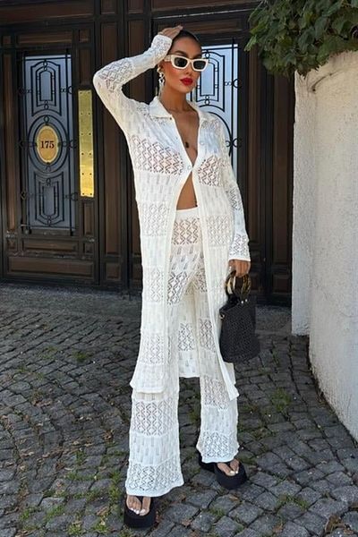 MODAVERA Bridget Openwork Long Cardigan Suit 9881
