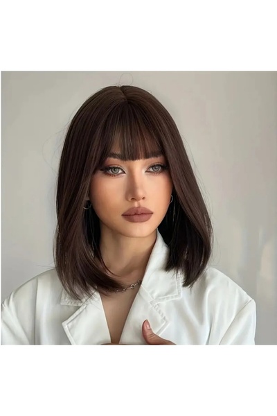 AKOLİFE Kestane Kahve Kısa Perçemli Peruk - Gerçek Saç Dokusu