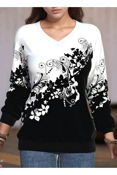 JANES Women's Long Sleeve V Neck Floral Printed Raised Diver Blouse