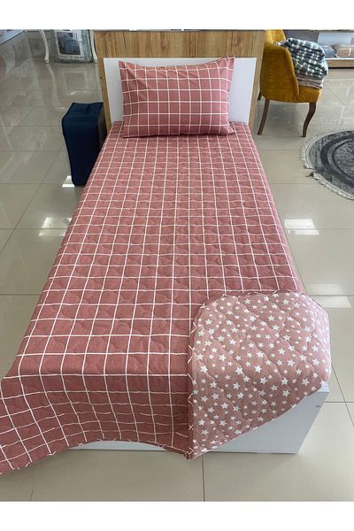 DENİZLİ ÇEYİZ Double Sided Single Quilted Pique Bedspread Set Powder Square Star