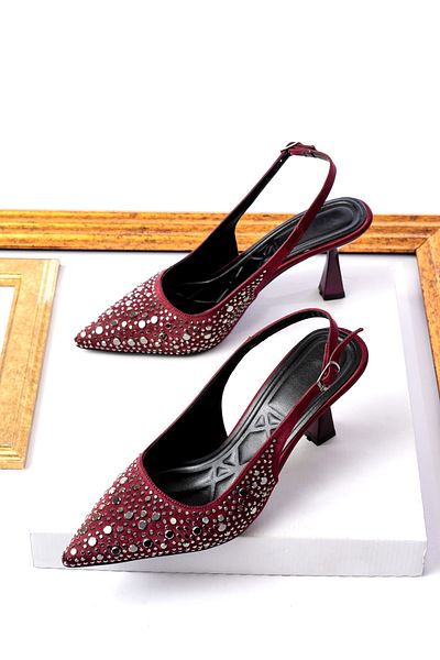 v.s.h velvet Women's Evening Dress Stone Detailed Fabric Pointed Toe Back Open 7cm Heels