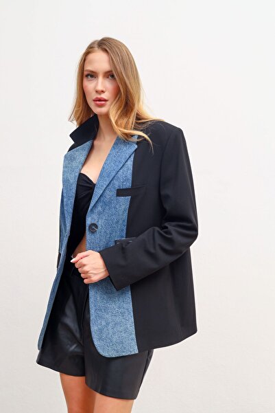 Perryes Kadın Denim Detaylı Blazer Ceket Siyah