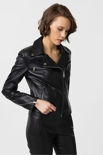 Deriderim Black Zippered Biker Genuine Leather Women's Coat