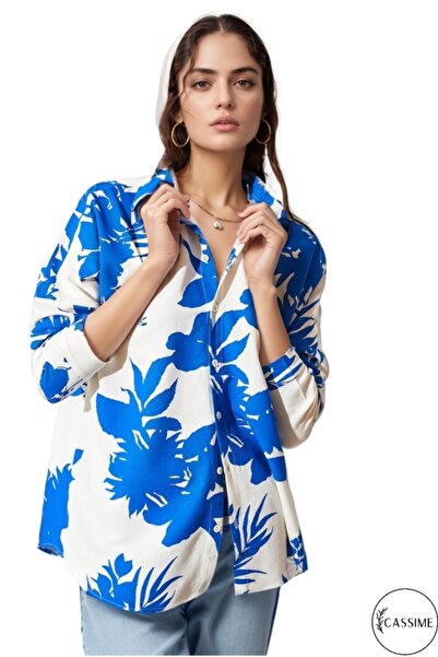 Cassime Women's Blue Floral Oversize Linen Shirt