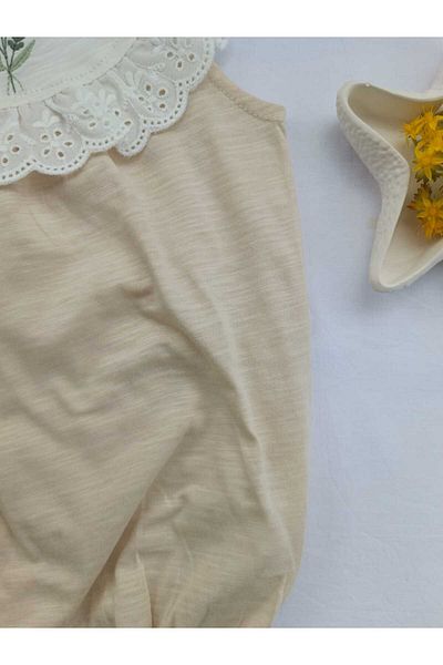 Flexi Guipure Detailed Embroidered Baby Girl Beige Colored Stylish Jumpsuit (3-6-9 Months)