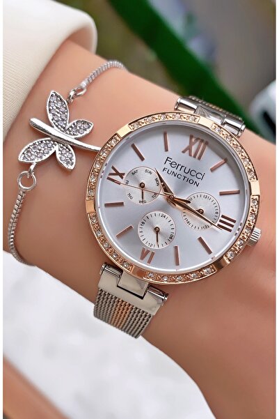 Ferrucci Silver Color Wristwatch - 2 Years Warranty, Stoned Women's Bracelet as a Gift