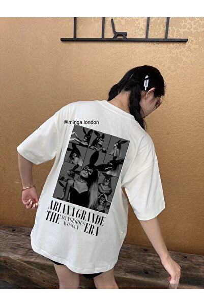 Minga London أريانا غراندي إلى معرض الصور تي شيرت أبيض كبير الحجم