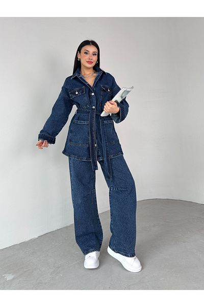Cappmoda Tkm-03679 Jachetă cu curea cu buzunar dublu albastru închis Pantaloni largi Set dublu din stofă denim